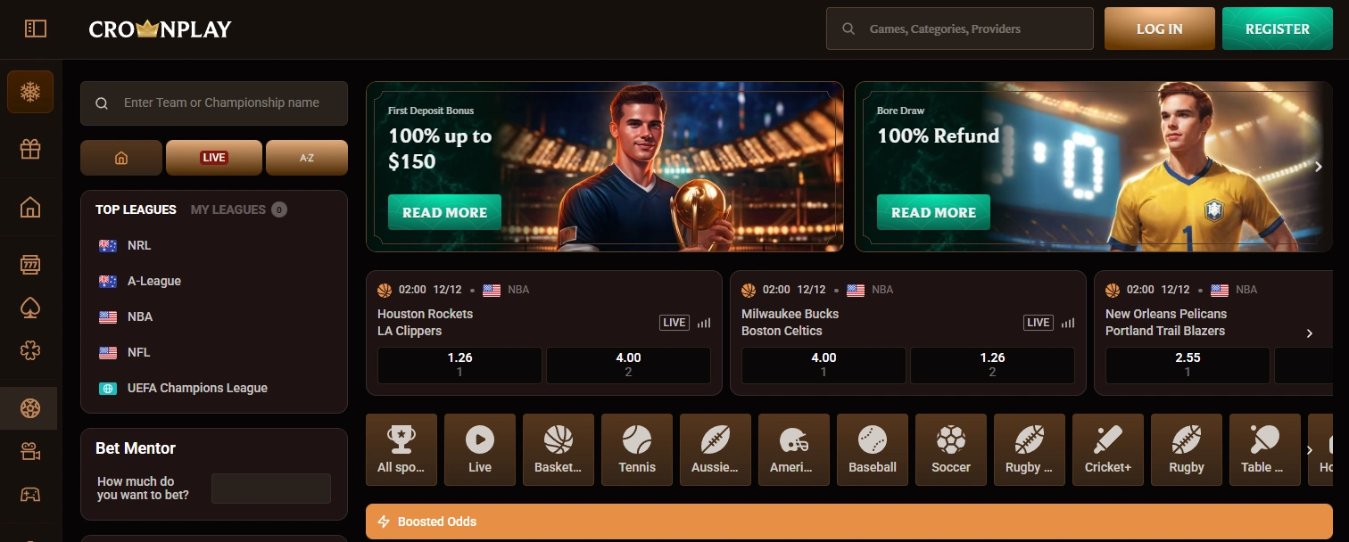 CrownPlay sportsbook with 100% bonus for AU bettors