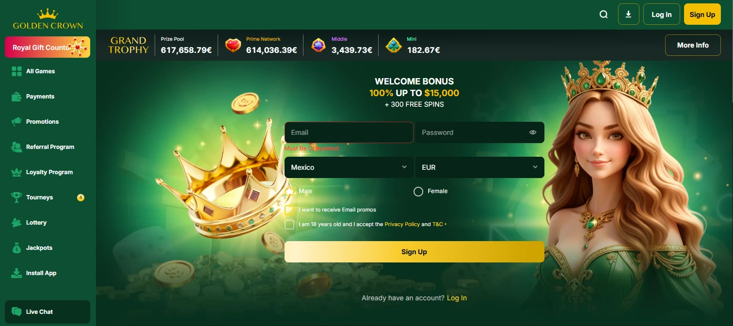 Golden Crown frontpage with 100% bonus up to $15,000