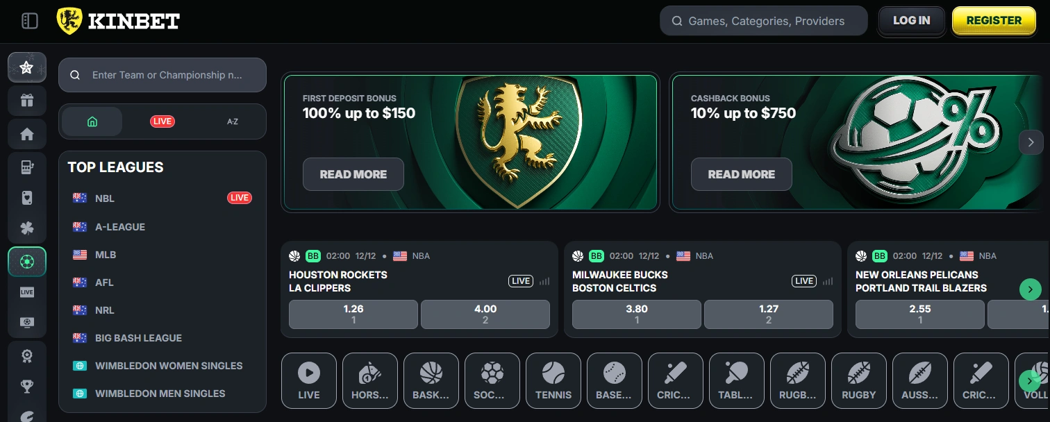 Kinbet sportsbook with 100% bonus for AUS bettors