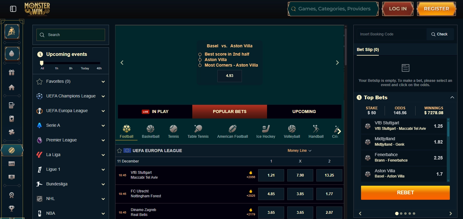 Monsterwin sportsbook with upcoming even and football matches