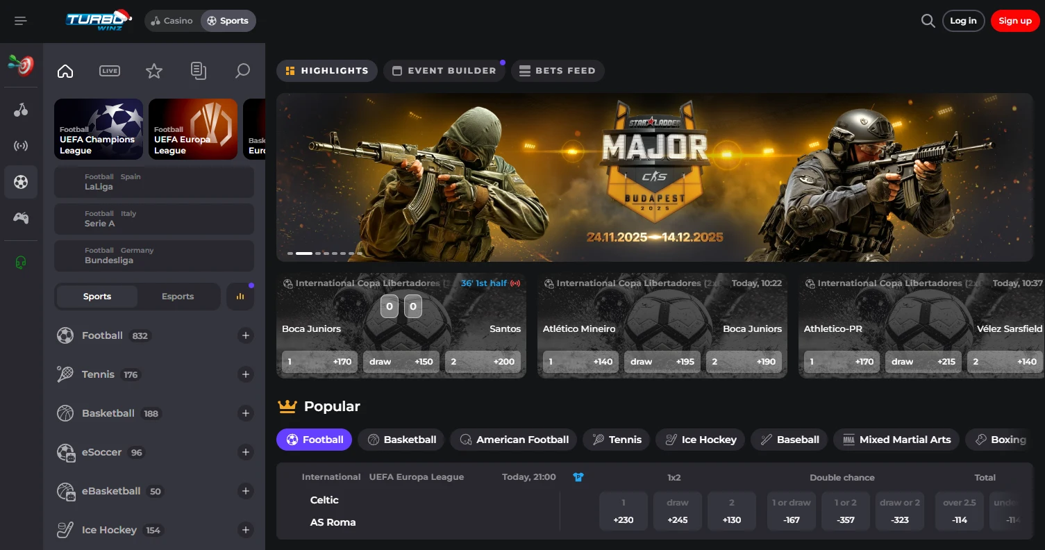 Turbowinz sportsbook with a vast array of betting markets